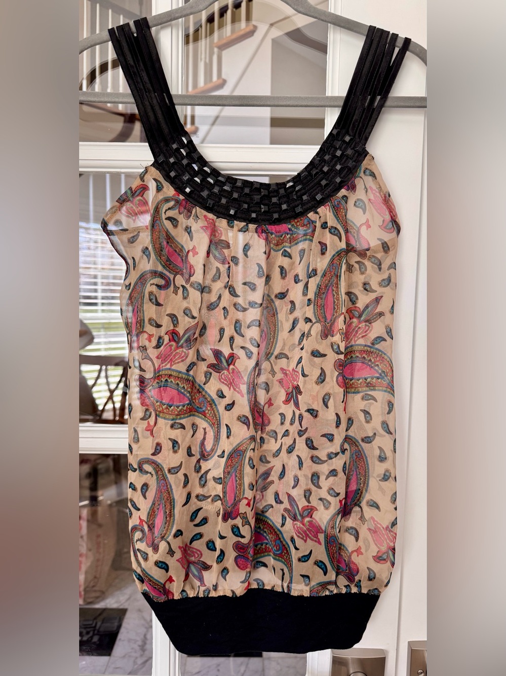 Y2K VTG Sheer Paisley Camisole L Statement Black Beaded Neckline Chiffon Indie